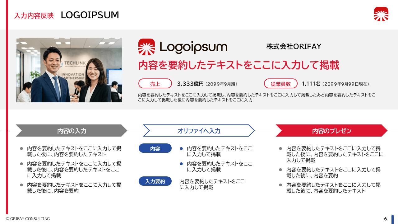 会社紹介資料の改善後。。文章を要約し、余白と強調表現で読みやすくした事例スライド。