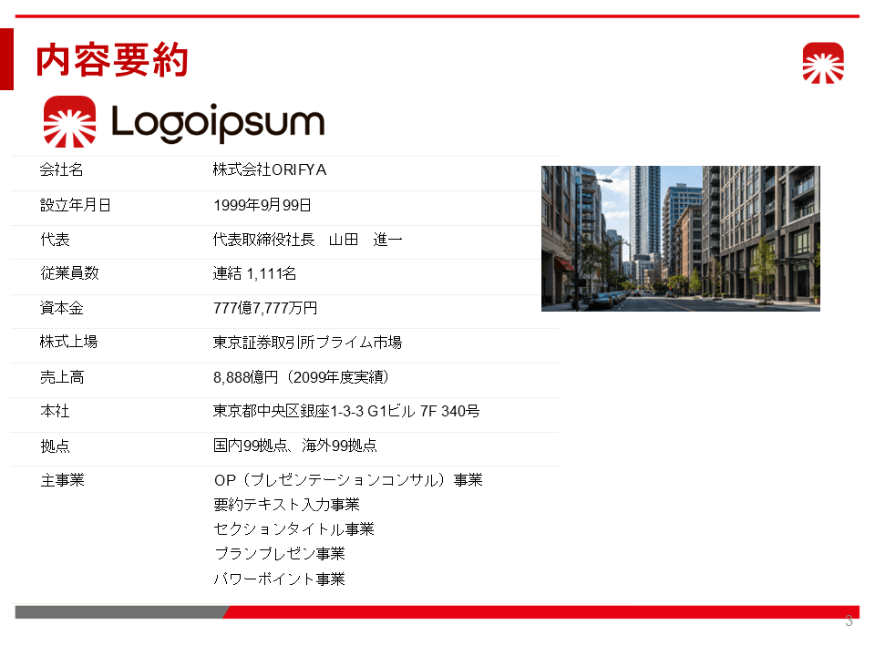 会社紹介資料の改善前。メリハリが無く、レイアウトのバランスが悪く、読みづらいパワポスライド。